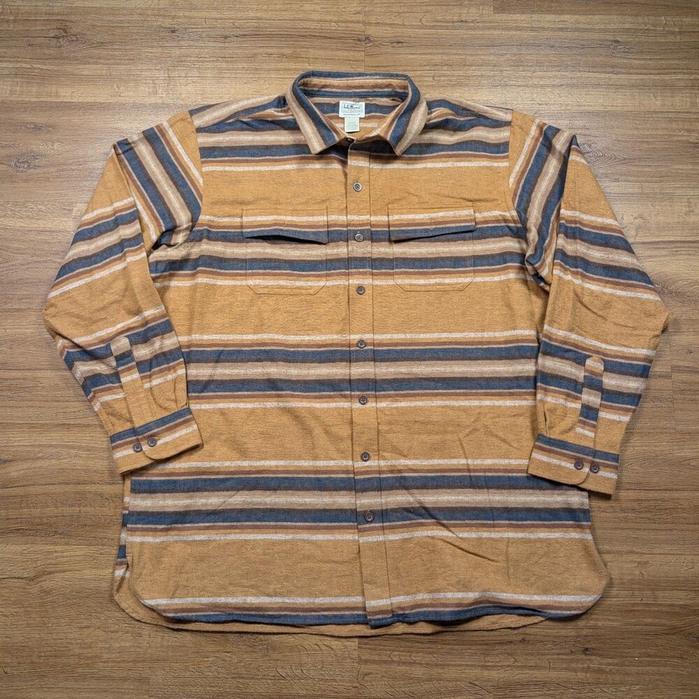 LL Bean Chamois Shirt Mens XXL Tall Orange Striped Cotton Outdoors Fall